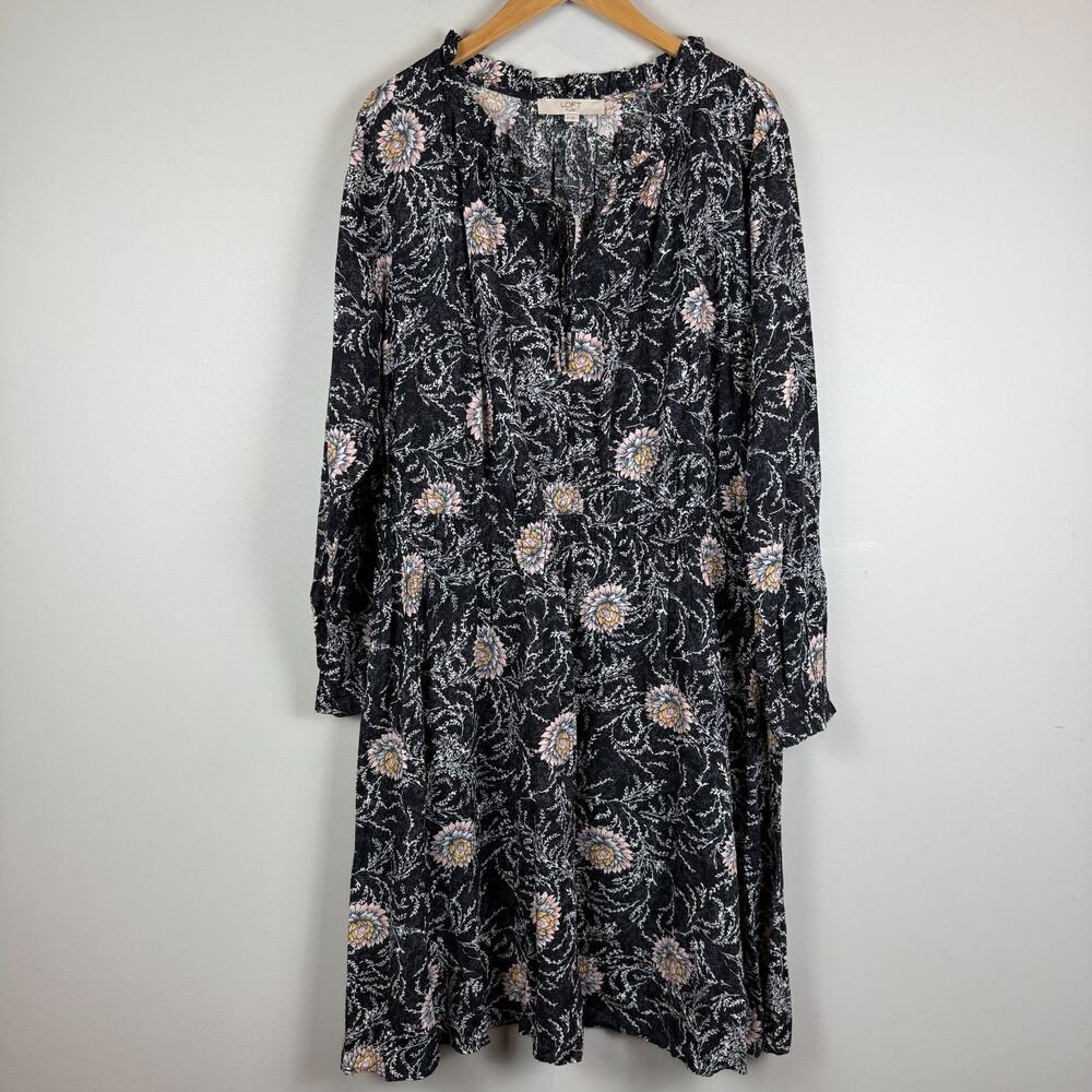 Loft Plus Floral Dress Womens 18 Black Multi Tie Neck Elastic Waist Cottage Boho